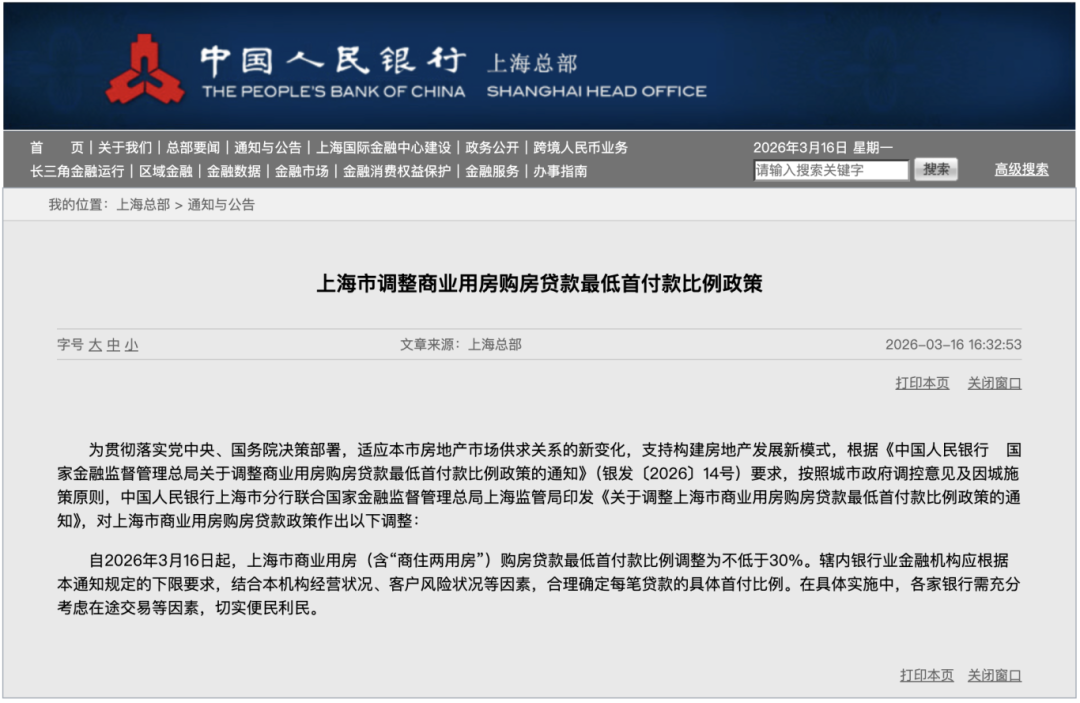 上海市商业用房购房贷款最低首付款比例，调整为不低于30%